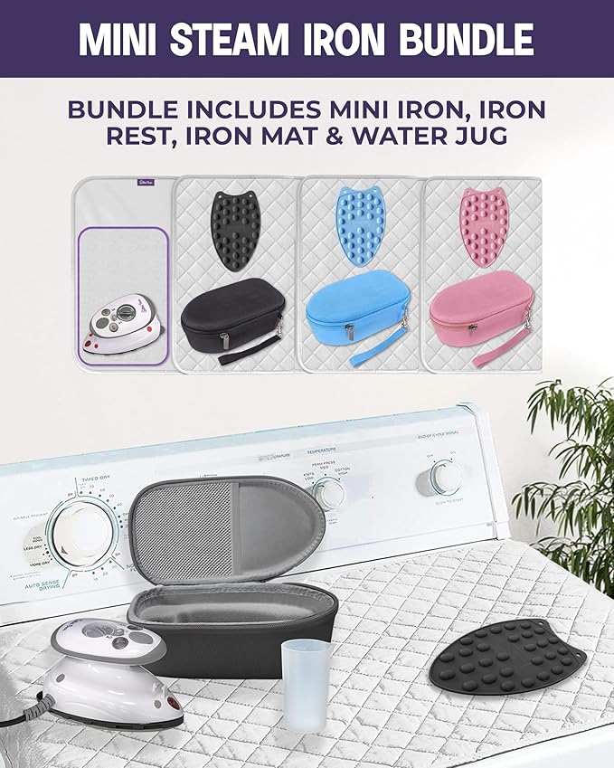 The Quilted Bear Mini Iron, Rest & Ironing Mat - Lightweight Mini Steam Iron with Hard Shell Travel Case, Rest & Ironing Mat - Travel Essentials for Wrinkle Free Clothes & Effortless Quilting (Black)