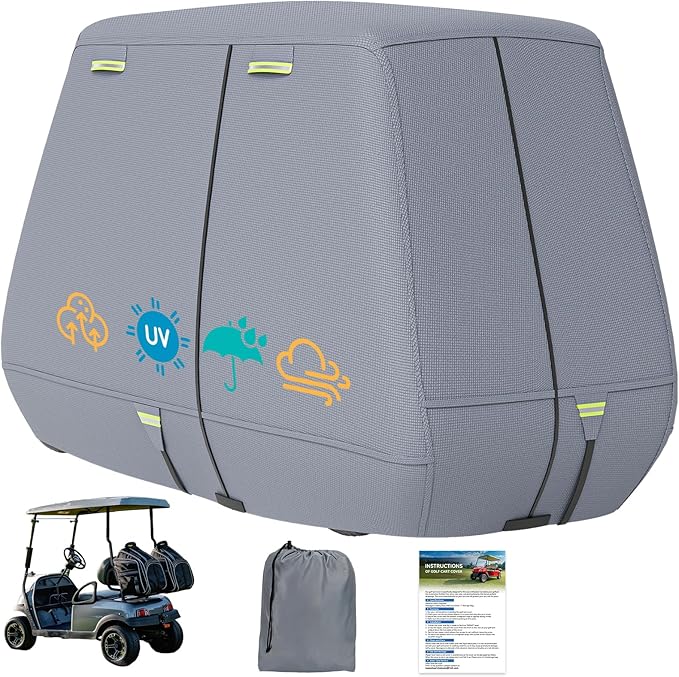 800D Waterproof Golf Cart Cover 2/4/6 Passenger, Heavy Duty Solution-Dyed Polyester UPF 50+, Universal Fits for EZ GO Yamaha Club Car (Gray, Fit for 2 Passenger Cart)