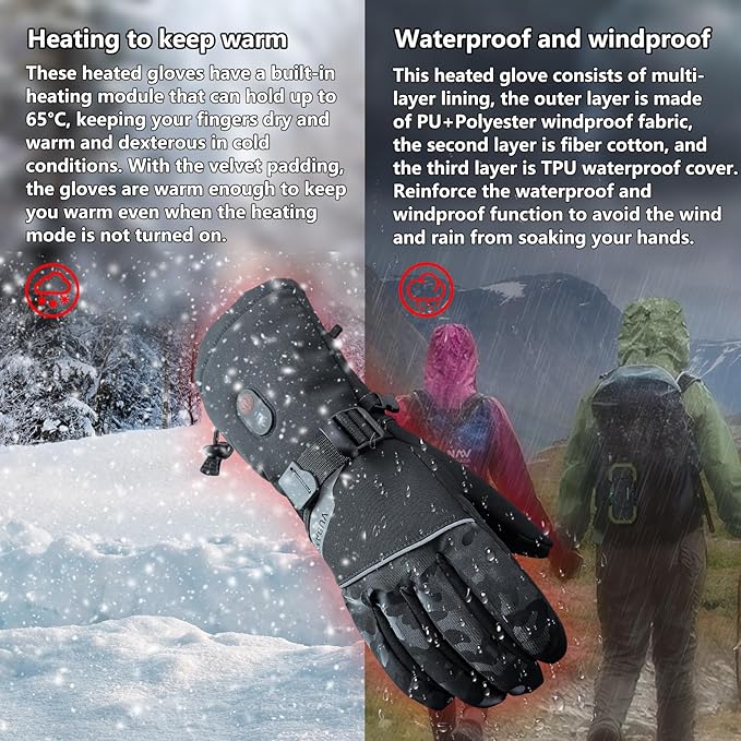 Heated Glove for Men Women Rechargeable Heated Gloves Waterproof and Windproof Gloves for Winter Outdoor Work Skiing Hiking Camping Riding Touchscreen 7.4V 3000mAh Battery