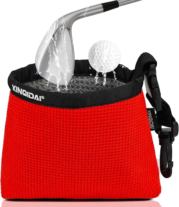 Golf Club and Golf Ball Cleaning Bag - Cleans Club Grooves, Waterproof Clean Face Tech, Detachable Clip, Machine Washable, Stay-Dry Exterior,Gift for Men (1, RED)