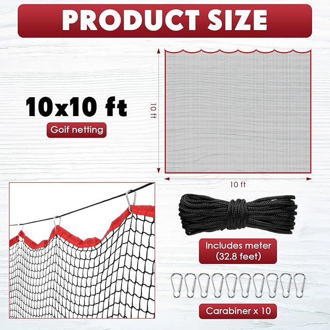 Golf Hitting Net Set 10ft Golf Practice Netting with Carabiners and Tie Rope Nylon Sports Heavy Duty Net for Hockey Backstop, Garage Backyard, Volleyball, Baseball, Lacrosse