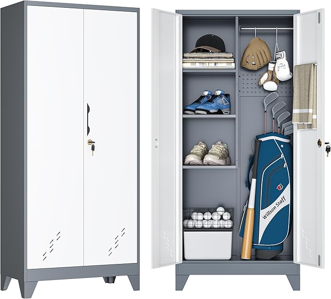 Metal Golf Bag Storage Cabinet, Golf Storage Organizer for Garage, Golf Bag Stand Rack with Locking Doors, Golf Club Organizer for Bag, Shoes, Golfing Accessories, Sports Equipment