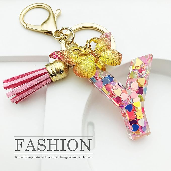 JINGUAZI Initial letter Keychains for Women Tassel Butterfly Pink Purple Cute Car Keychain for Wallet Backpack bag charm