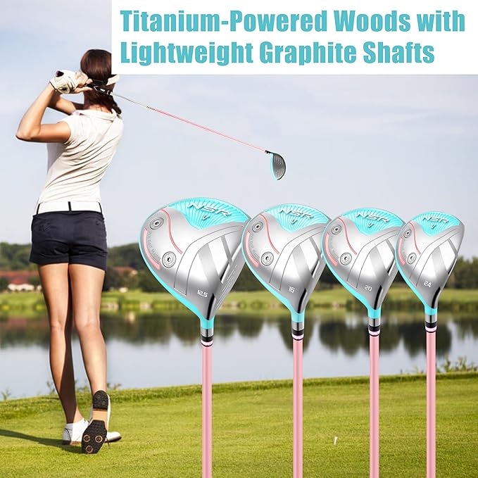 PGM 18 Piece Women's Golf Clubs Full Set for Right Handed, Complete Golf Set for Beginner to Intermediate Golfers with Driver, Woods, Hybrid, Irons, P/S Wedges, Putter, Headcovers and Stand Bag