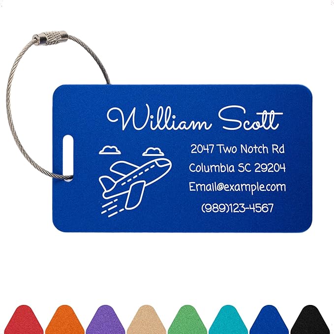 Personalized Luggage Tags for Suitcases Custom Metal Name Tags for Backpacks Bags Travel - Horizontal (Blue)
