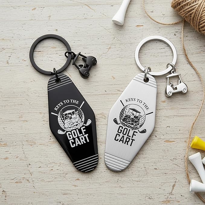 2pcs Golf Cart Keychain for Golfer, Retro Metal Car Accessories, Funny Golf Birthday Gifts Key Ring for Men Father Husband