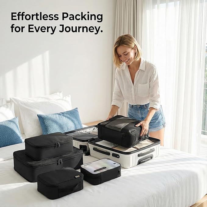 6 Set Compression Packing Cubes for Travel, Large Medium Small Luggage Organizers, Storage Bags for Clothes and Essentials (6 Pack, Jet Black)