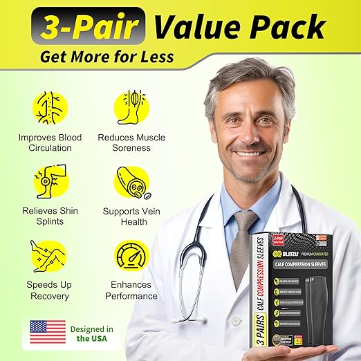 BLITZU 3 Pairs Calf Compression Sleeves for Men and Women. Footless Compression Socks & Leg Support for Running, Travel, Nursing, Fitness. Shin Splints Pain Relief & Reduce Swelling Black L-XL