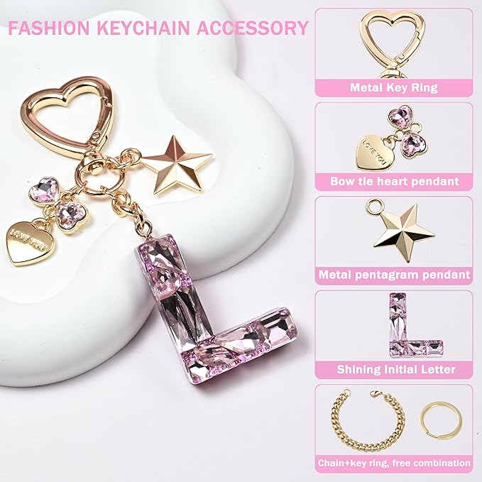 Cute Bling Keychain initial Letter Butterfly Star Pink Purple Gift for Women Girls Bag Cup Charms Accessories