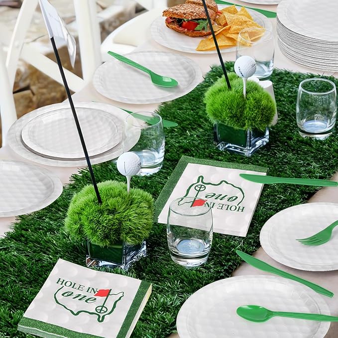 144 Pcs 3D Golf Ball Party Supplies Paper Ball Plates and Napkins Dinnerware Set Tableware Supplies Includes Paper Plates Napkins Forks Serve 24 for Birthday Sports Party decorations