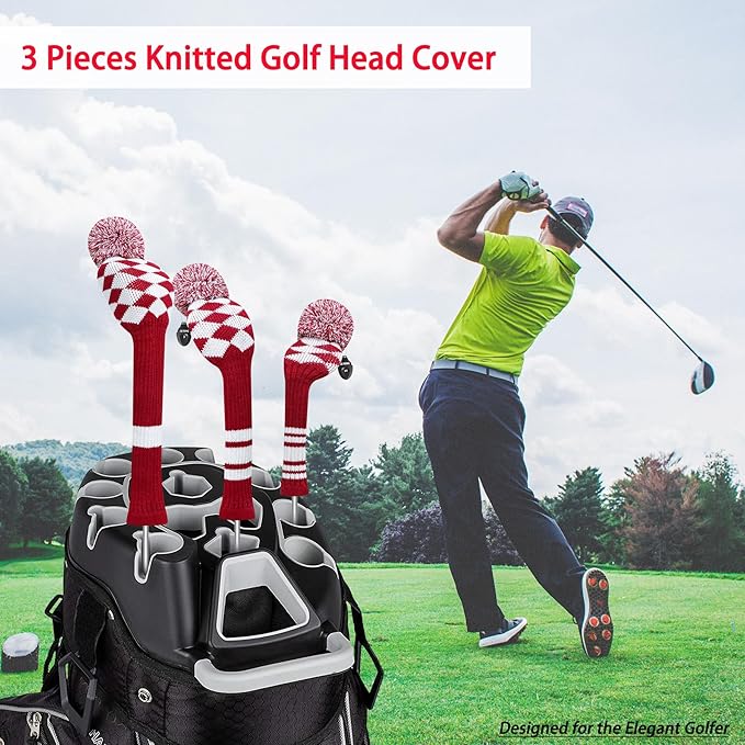 LeFeng 1Pcs Golf Club Cover, Knitted Golf Head Cover for 460cc Driver Fairway Woods and Hybrid with Cute Pom Pom and Number Tag
