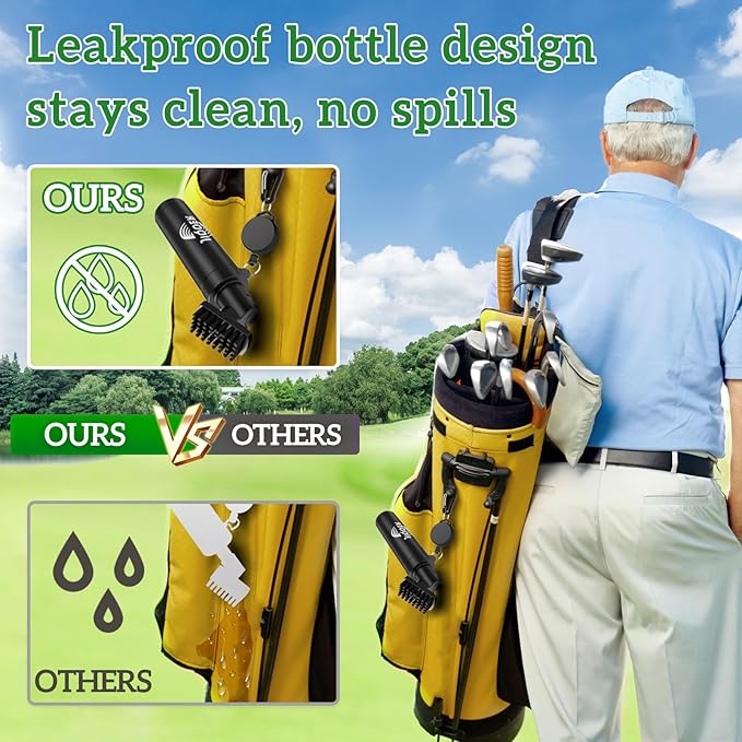 Golf Club Cleaner Brush with 360° All-Angle Spray Design (5.3oz) and Microfiber Waffle Towel (16x16in), Leakproof Club Cleaning Kit with Retractable Clip – Must-Have Golf Accessories for Men & Women