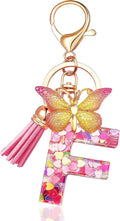 JINGUAZI Initial letter Keychains for Women Tassel Butterfly Pink Purple Cute Car Keychain for Wallet Backpack bag charm