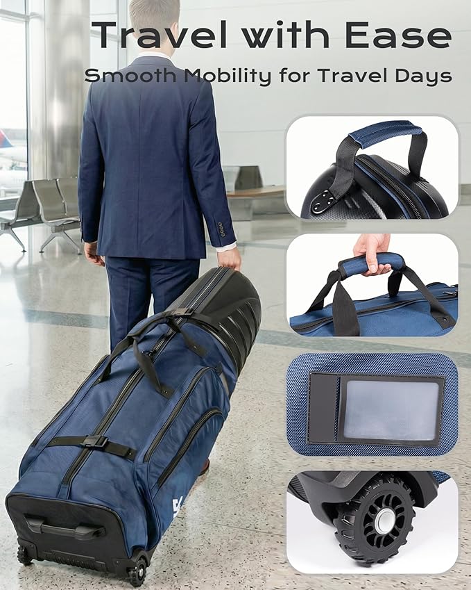 Golf Travel Bag with Hard Shell ABS Top - 1680D Heavy Duty Oxford Foldable Golf Club Travel Cover Case for Airlines with Wheels, Lockable Zippers & Reinforced Base
