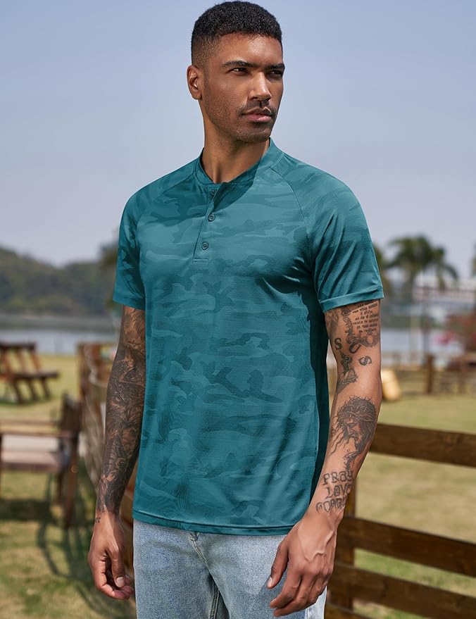 TAPULCO Mens Collarless Golf Shirts Short Sleeve Dry Fit Stretch Casual Breathable Lightweight Tshirts