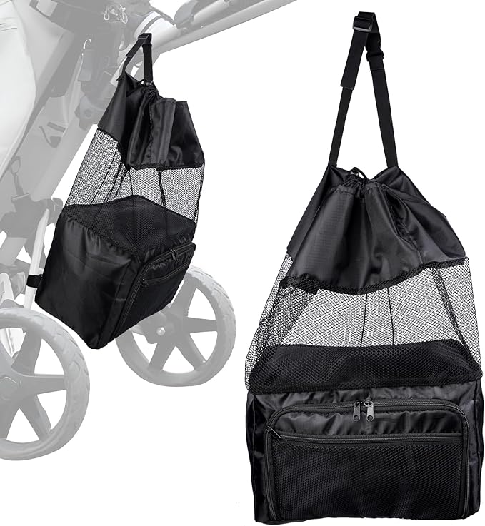 T TGBROS Universal Golf Cart Storage Organizer – Overhead Mesh Bag, Front Basket with Cup Holders & Push Cart Zippered Pouch Fits Club Car, EZGO, Yamaha, Kandi, Push Carts Large Capacity