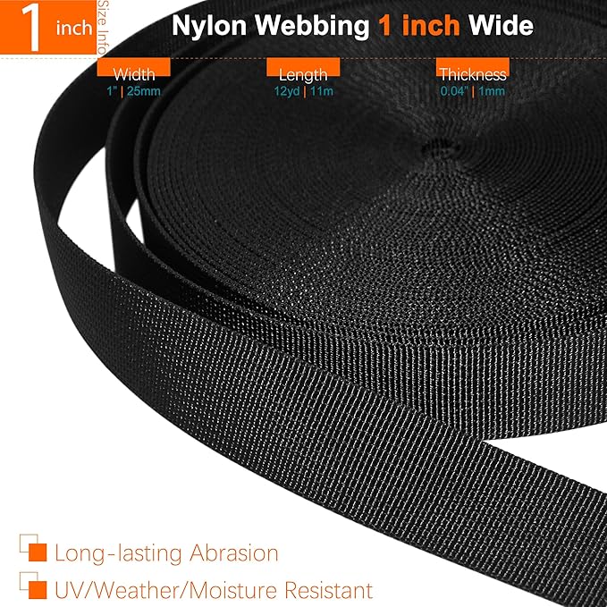 1 inch Straps and Buckles Set: 12 yard Nylon Webbing Strap 1" Wide, 10 pack Side Release Plastic Buckle, 20 pcs Tri-glide Slide Clip, Heavy Duty Quick Snap Fastener Dual Adjustable No Sewing Required