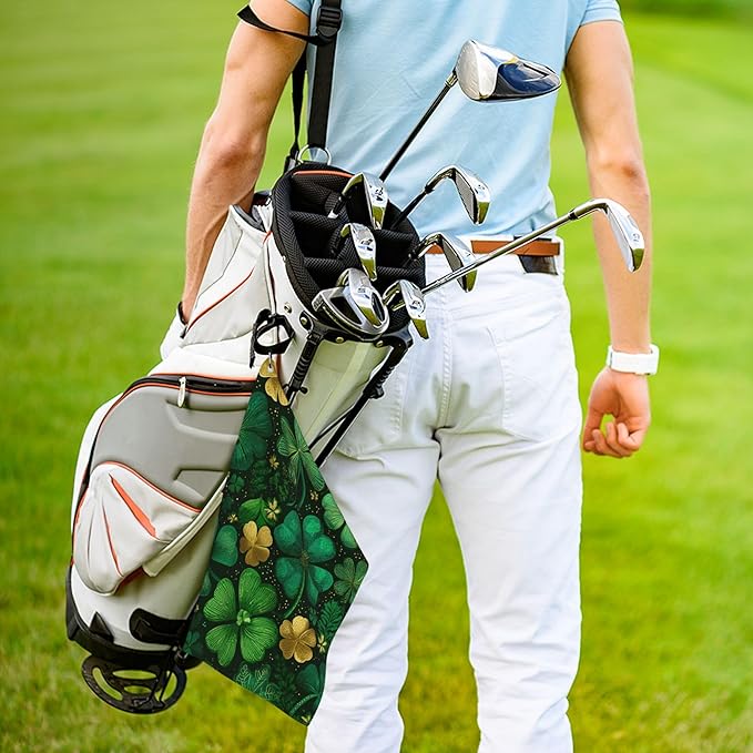 Green St Patricks Day Shamrock Golf Towel with Carabiner Clip 24"x16" Lucky Leaf Floral Golf Towels for Golf Bags Microfiber Waffle Golf Rag for Disc Balls Clubs Accessories for Men Women Dad