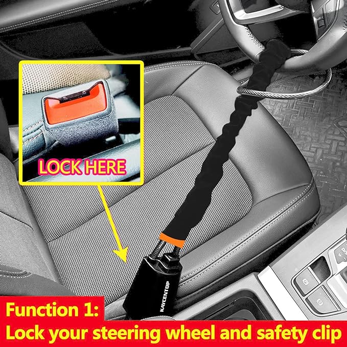 KAYCENTOP Car Steering Wheel Lock, Seat Belt Lock, Anti-Theft Device, Max 17 Inch Length, Small and Light-Weight, Multi-Functional, Fit Most Vehicle, SUV, Golf Cart Security (Black)