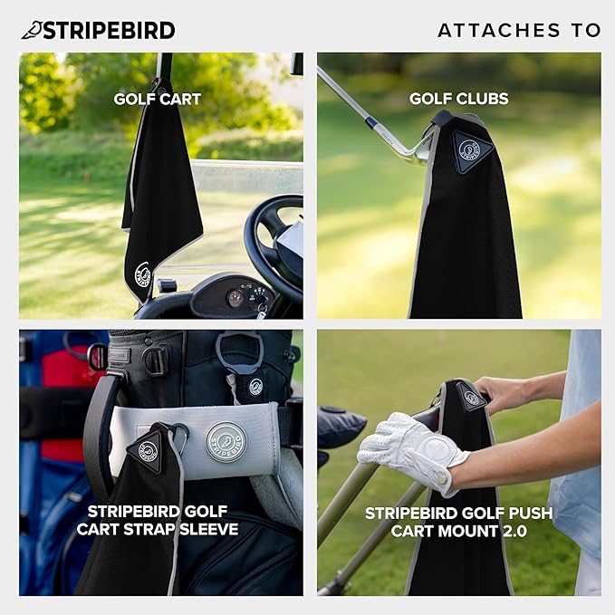 Stripebird - Magnetic Golf Towel (Black) - Microfiber Golf Towel with Built-in Ultra-Strong Neodymium Magnetic Towel - 18" x 18" Golf Bag Towel