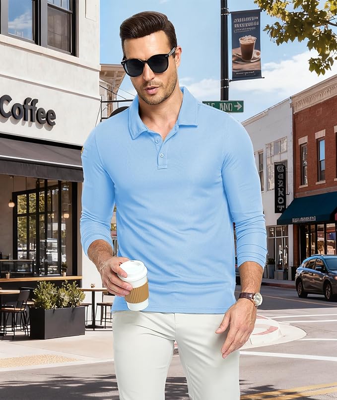 Men's Long Sleeve Polo Shirts 3 Button Down with Pocket Classic Golf Breathable Solid Color Designed Collared Casual Tee