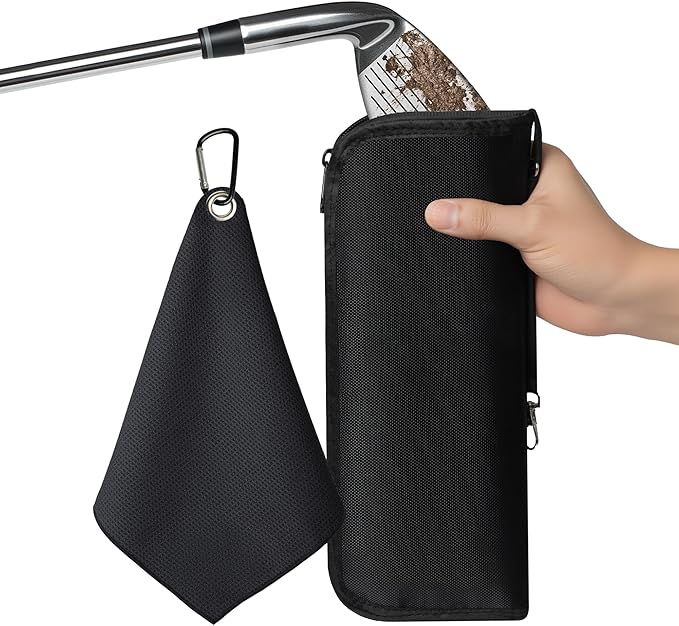 Golf Club and Golf Boll Cleaner Bag, Golf Ball Cleaner Pouch with 1 Pack Golf Ball Towel, Waterproof Outside, Clean Inside – Liner Technology, Machine Washable