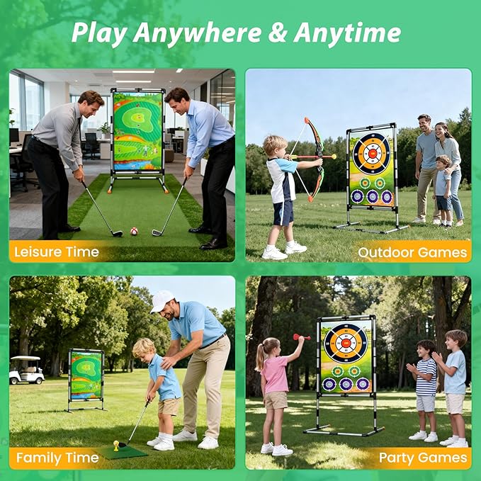 Golf Chipping Game Set with Stand,5-in-1 Portable Backyard Double-Sided Hitting Mat,with Sticky Balls,Archery,Axe & Dart,Golf Games for Family,Friends & Golfers,Indoor,Outdoor,Party Fun