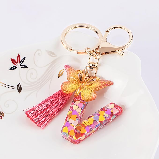 Suweibuke Colourful Cute Initial Letter Keychains for Women Girls with Tassel Butterfly, Charm for Purse Handbags Backpacks