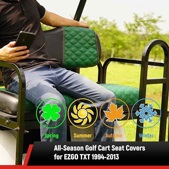 Golf Cart Seat Covers Front and Rear Waterproof and Sun Resistant Marine Grade Vinyl Leather Seat Cover Accessories for EZGO TXT 1994-2013, Green(4PCS)