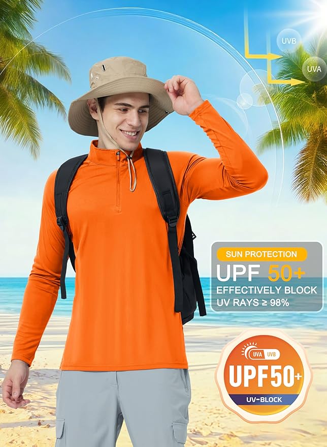 CRYSULLY Men's Long Sleeve 1/4 Zip Shirts Sun Protection Pullover UPF 50+ Rash Guard Running Lightweight T Shirt