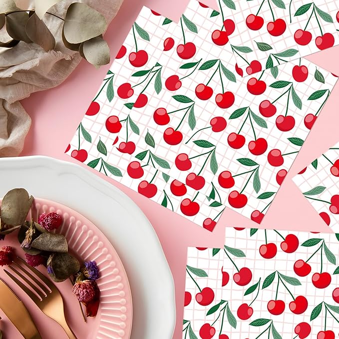 Cherry Party Napkins Decorations, 50PCS Cherry Themed Birthday Napkins Supplies, Disposable Coquete Decor for Wedding Baby Shower Party Table Size 6.5 Inch