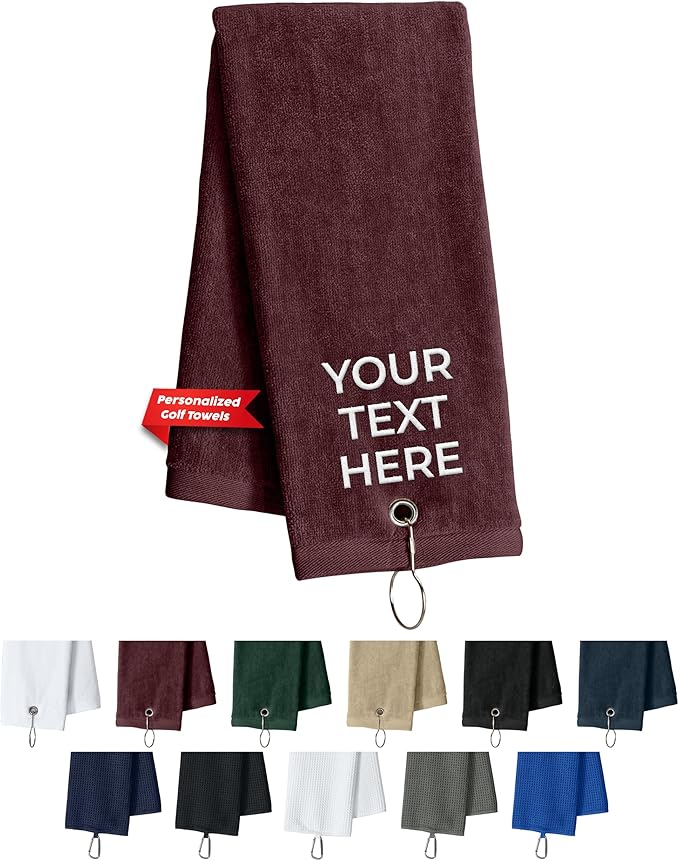 Custom Golf Towel for Golf Bags, Balls - Add Your Embroidered Name - Personalized Trifold Golf Bag Towels with Clip, for Men and Women