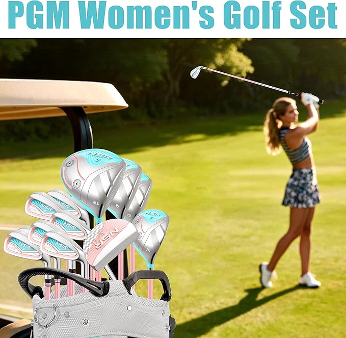 PGM 18 Piece Women's Golf Clubs Full Set for Right Handed, Complete Golf Set for Beginner to Intermediate Golfers with Driver, Woods, Hybrid, Irons, P/S Wedges, Putter, Headcovers and Stand Bag