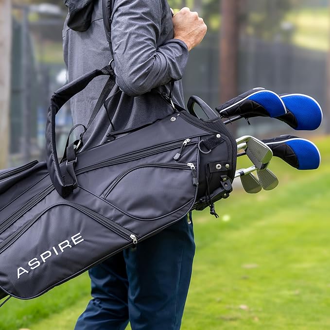 Aspire XD1 Men’s 14-Piece Golf Set – 460cc Titanium Driver, Wood, Hybrid, 6-PW Irons, Putter, Stand Bag, 3 Headcovers and Cover