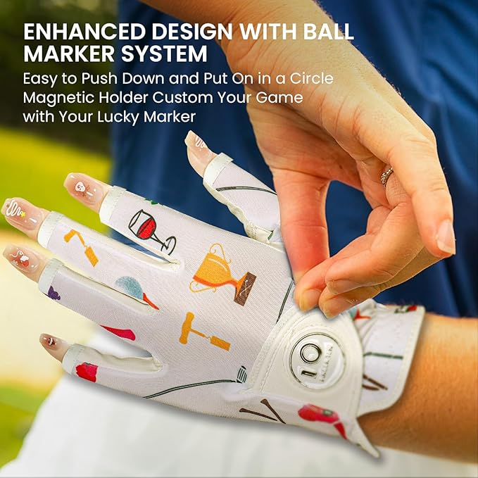 FINGER TEN Stylish Golf Gloves Women with Ball Marker 1 Pack for Left or Right Hand, Breathable Glove with Fashion Patterns for Ladies Right Left Handed Golfer