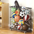 Large Garage Ball Storage, Rolling Floor Sports Equipment Organizer: Freestanding Ball Rack with Elastic Rope–, Ball Holder for Basketball, Soccer, Football, Volleyball, Garage, Gym, Black