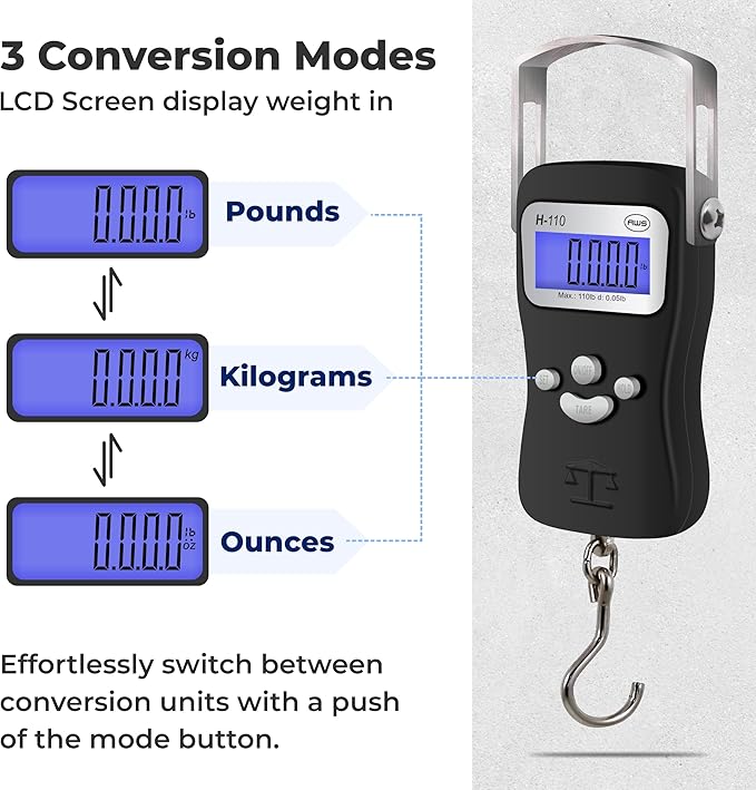 AWS Digital Luggage Scale, Fish Weighing Scale, Hanging Scale 110lb/50kg – Die-Cast Metal Construction, Built-in Tape Measure, Hook & Handle – for Travel, Fishing, Archery, Hunting, Outdoor (Black)