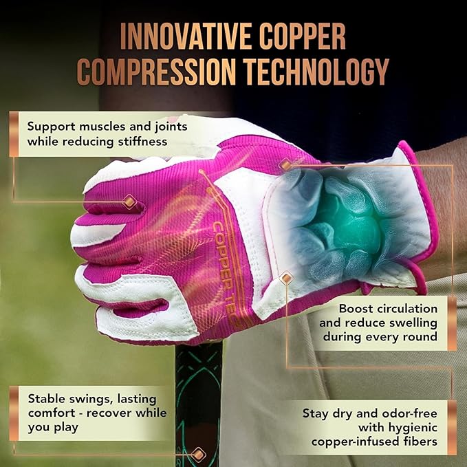 Copper Tech Ladies Golf Gloves Women Right Handed Golfer or Left Handed Golfer 2 Pack | Copper Compression Joint Support with Flexible & Comfortable Fit | AAA Leather & Silicone Tacky Pad