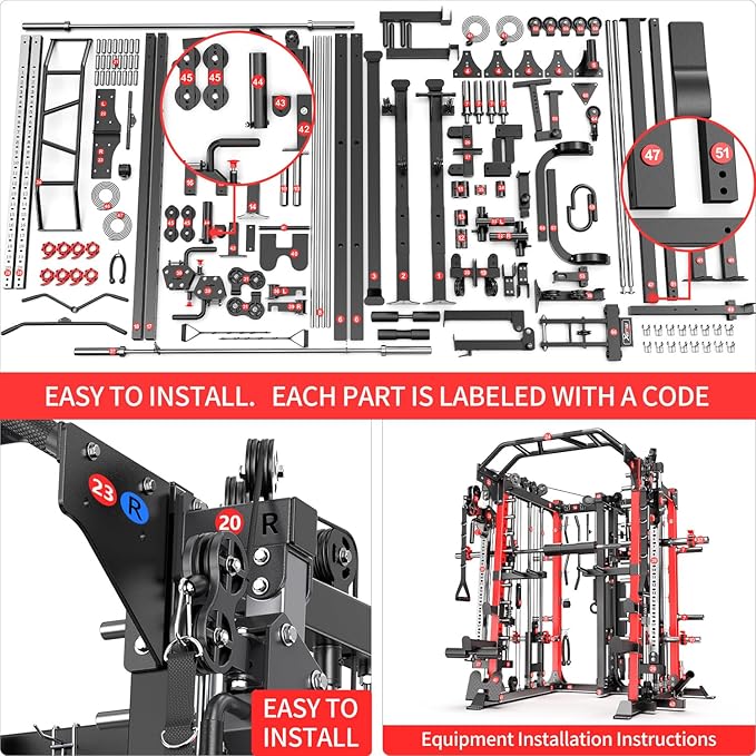 Smith Machine，Multi-Function Squat Rack Power Cage with Cable Crossover System,with Optional Weight Bench, Olympic Barbell Weight Set, for Home Gym