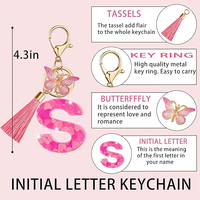 Suweibuke Colourful Cute Initial Letter Keychains for Women Girls with Tassel Butterfly, Charm for Purse Handbags Backpacks