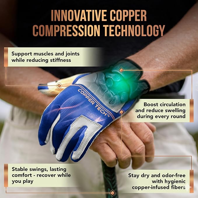 Copper Tech Plus (2 Pack) Golf Gloves Men Right Handed Golfer Or Left Handed Golfer | Copper Compression Joint Support with Flexible & Comfortable Fit | AAA Leather Construction & Tacky Silicone Pad