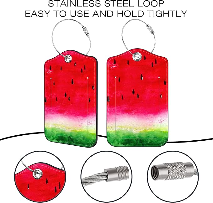 2 Pack Luggage Tags for Suitcase,Watercolor Watermelon PU Leather Luggage Tags with Privacy Cover Name Address Labels and Steel Ring,Creative Travel Accessories for Men and Women