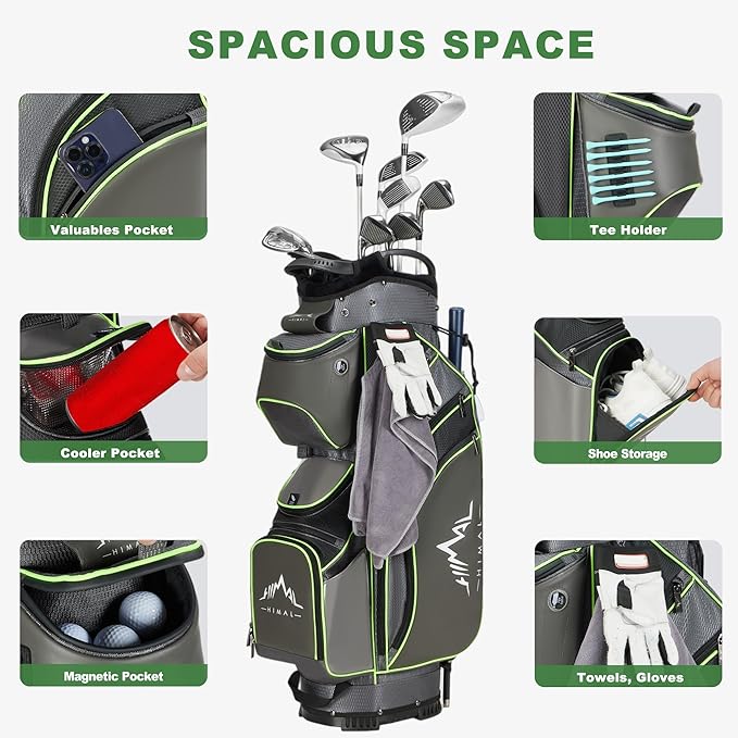 14-Way Golf Cart Bag with Full Length Divider, Premium PU Leather Golf Bag with Plush Top, Magnetic Pocket and Rain Cover for Men