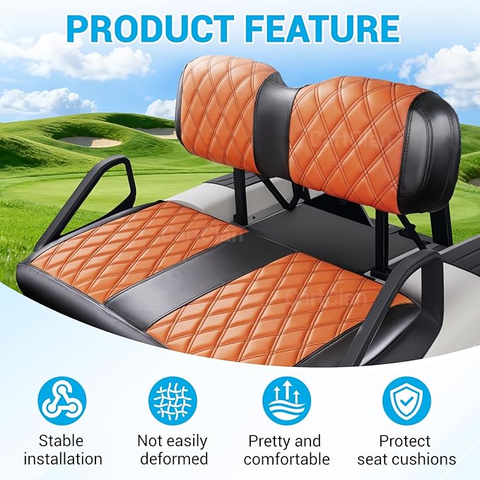 Golf Cart Diamond Seat Covers Kit Suitable for EZGO TXT Standard Front Seat Cushion, Golf Cart Front Seat Covers Kit No Drilling & Waterproof (Brown PVC Leather & Black Stitching)