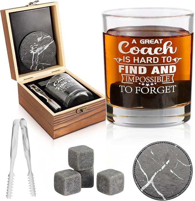 Whiskey Glass Gifts for Coaches, Best Coach Gift for Men, Thank You Gifts for Coaches with 12oz Whiskey Glasses, Stones, Coaster, Wooden Box for Baseball, Softball, Soccer, Basketball Coach