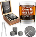 Whiskey Glass Gifts for Coaches, Best Coach Gift for Men, Thank You Gifts for Coaches with 12oz Whiskey Glasses, Stones, Coaster, Wooden Box for Baseball, Softball, Soccer, Basketball Coach