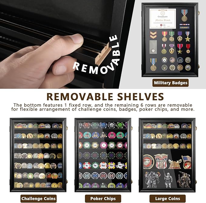 7 Rows Military Challenge Coin Holder Wall Display Case with HD Tempered Glass – Holds 100 Coins, Medal Display Cabinet Rack Shadow Box with Removable 2-Groove Shelves for Casino Poker Chips, Black