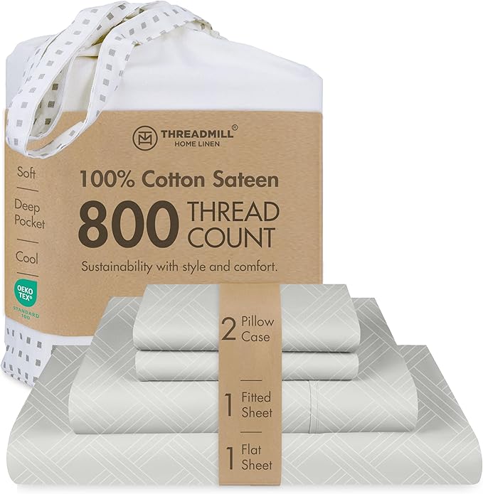 Threadmill California King Size Sheets | 800 Thread Count Jacquard Celine Light Grey | 4 Piece Striped Bed Sheets | Extra Long Staple Cotton Sheet | Luxury Damask Sheets with Elasticized Deep Pocket