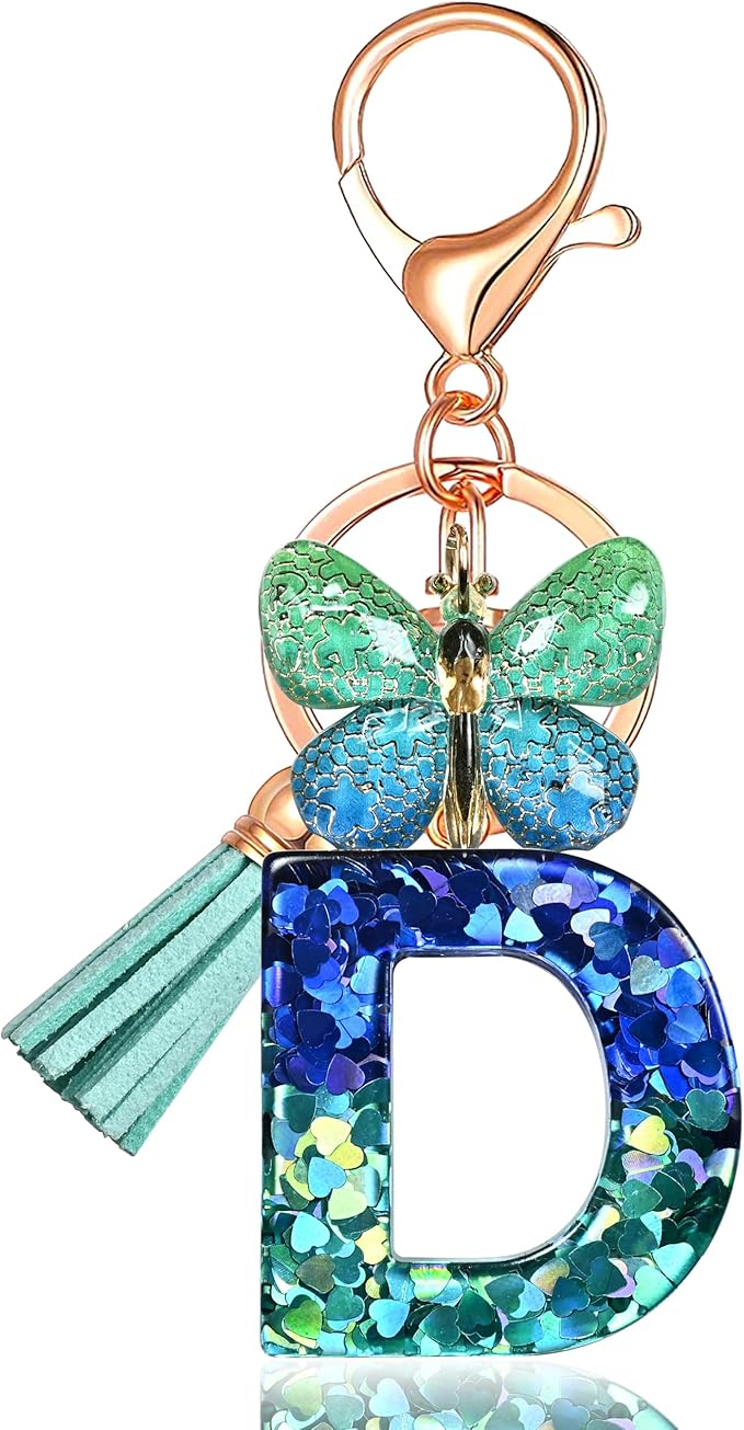 JINGUAZI Initial letter Keychains for Women Tassel Butterfly Pink Purple Cute Car Keychain for Wallet Backpack bag charm