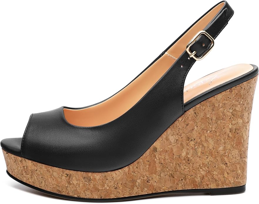 Womens Peep Toe Wedge Heels Matte Fashion Cork Slingback Pumps Platform Wedge Sandals 3.94 Inches